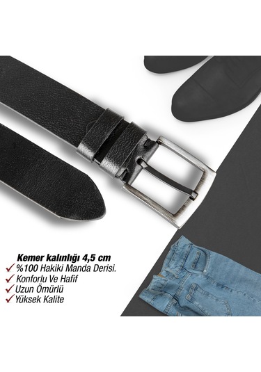 Gayış Özel Kutulu Hakiki Manda Derisi Erkek Kot Pantolon Kemer Siyah