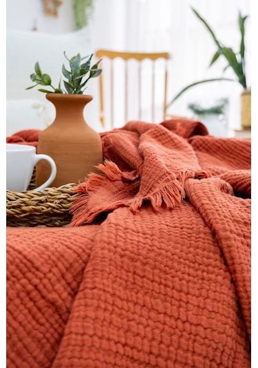 4 Katlı Müslin Yatak Örtüsü - Kiremit Renk Çift Kişilik Pike