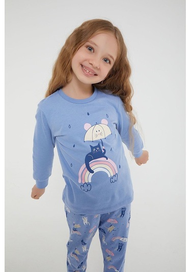 Kız Çocuk Pamuklu Uzun Kollu Kedili Pijama Takımı-11394 Indigo