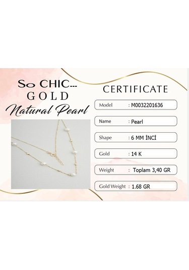 Doğal İnci 14 Ayar Altın Kolye Sarı - Beyaz
