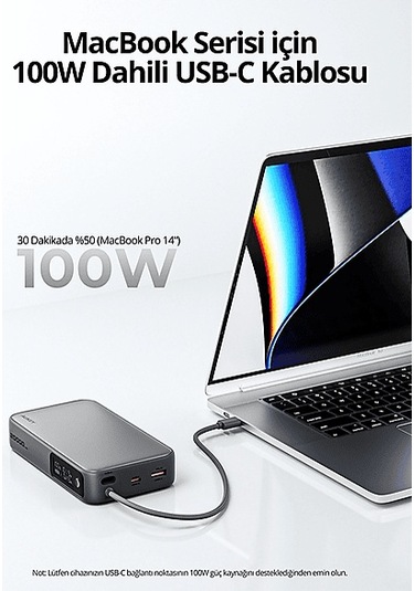 Aukey Pb-y48-gy 100w 20000 Mah Pd Dahili Type-c Kablolu Taşınabilir Şarj Cihazı Gri