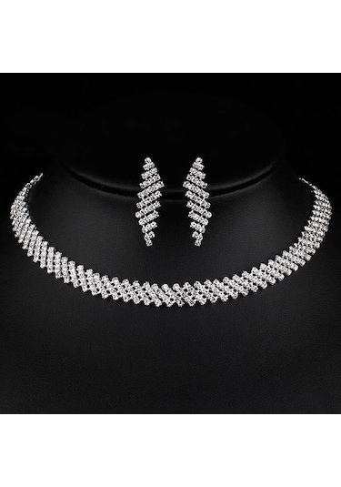 Chavin Düğün Nişan Kına Zirkon Taşlı Bayan Kolye Küpe Set es06 Beyaz