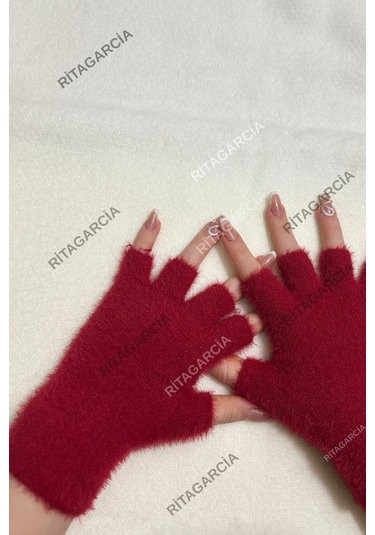 Peluş Kesik Parmak Eldiven Kırmızı