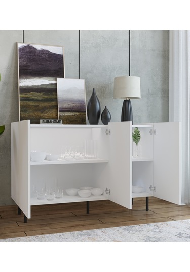 Demir Ayaklı %100 Mdf Şık Ve Çok Amaçlı 3 Kapaklı Beyaz Konsol