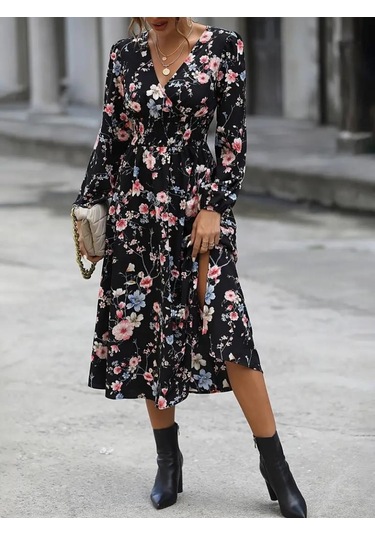 Kadın Uzun Kollu Kruvaze Yaka Beli Lastikli Yandan Yırtmaçlı Desenli Dalgıç Elbise Desenli