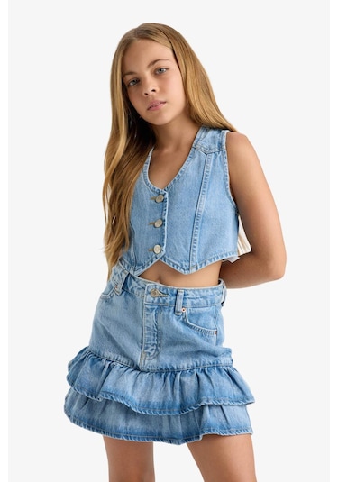 Defacto Kız Çocuk Pamuklu Katlı Jean Etek F7167a825aunm28 Mavi