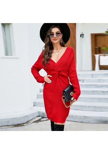 Sones Kadın Paket Kalça Uzun Örme Sırtı Açık Bükülmüş Düğüm Elbise Kırmızı