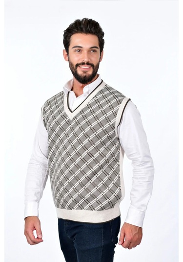 Kamalı Erkek Çelik Örgü Ekose Desenli Kalın Triko V Yaka Triko Örgü Tüylenmez Süveter Regular Taş