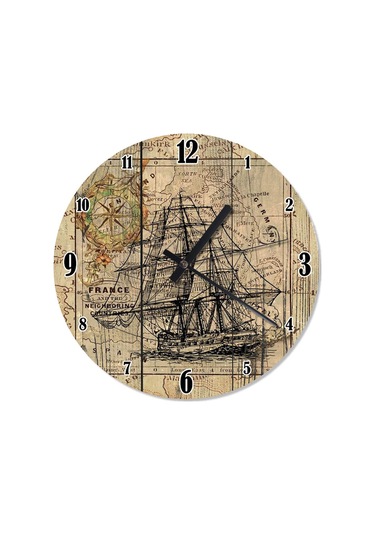Fransa Almanya Ingiltere Haritası Yelkenli Gemi Duvar Saati Çok Renkli