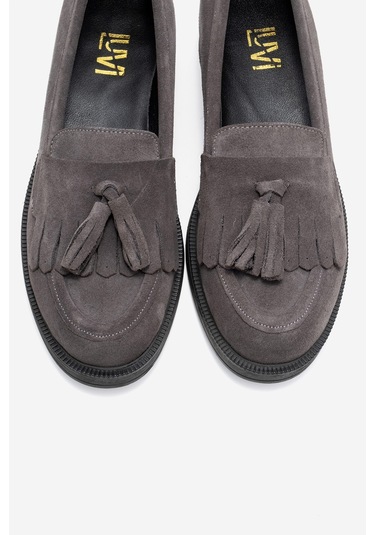 Milina Füme Süet Püsküllü Hakiki Deri Kadın Loafer Ayakkabı Füme