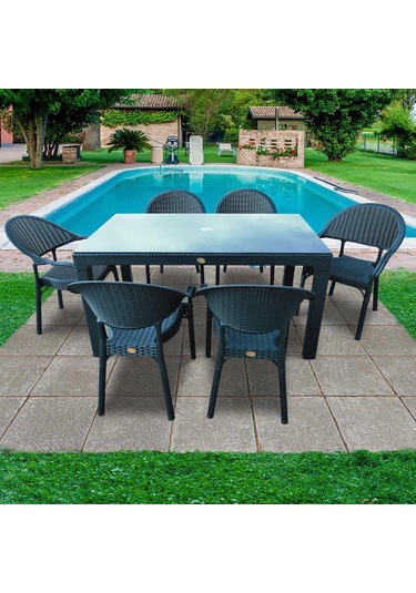 Bambu Antrasit 90x150 Cm Camlı Rattan Bahçe Balkon Masa Takımı Antrasit