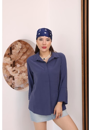 Kadın Slim Fit Dar Kesim Vücuda Oturan Uzun Kollu Lacivert Gömlek
