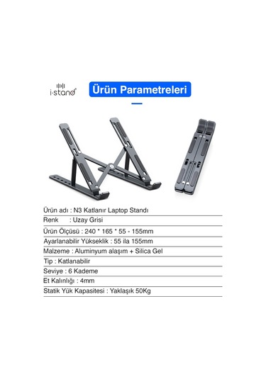 i-Stand N3 Alüminyum Katlanabilir Ayarlı Laptop Standı (Uzay Gri)