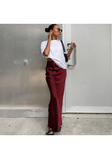 Saten Siyah Trompet Etek Ince Yüksek Bel Etekler Moda Kadın 2023 Yaz Katı Ofis Bayan Uzun Etek Kadın Zarif 27694 Bordo