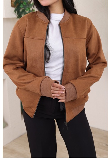 Bomber Kolej Su Geçirmez Ceket Kahverengi Süet