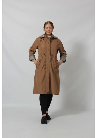 Uzun Astar Detaylı Bondit Trençkot Kahve Rengi Kahverengi
