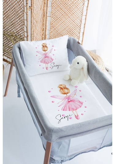 %100 Delux Pamuk Saten İsme Özel İsimli 70x120 Park Yatak Nevresim Seti Pembe Peri