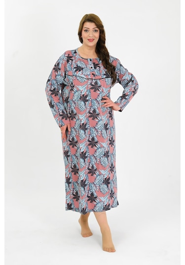 Akbeniz Kadın Büyük Beden Uzun Kol Somon Anne Gecelik 1378 SOMON