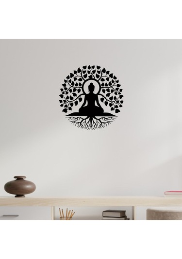 Homyl Buda Ağacı Metal Duvar Sanat Siyah Din Dekoru Zen Dekor 40-cm