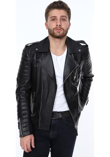 Hakiki Deri Siyah Manuel Fermuarlı Erkek Deri Ceket Siyah