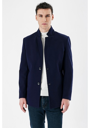 Koyu Lacivert Kaşe Dik Yaka Astarlı Slim Fit Dar Kesim Casual Mont 1007235170-Koyu Lacivert