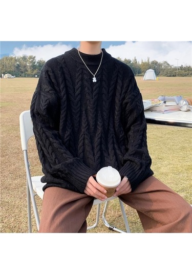 Novahub Yeni Erkek Moda Giyim Örgü Kazak Polar İlkbahar Sonbahar Gevşek Düz Renk Gençler Erkek Için Tops Kazak Uzun Kollu Kalın Erkek Kazak Siyah - L Siyah