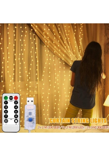 Jms Sıcak Beyaz Perde Işık Uzaktan Kumanda İle 8 Mod Usb Powered 3x1m/3x2m/3x3m 3m 1m Sıcak Beyaz