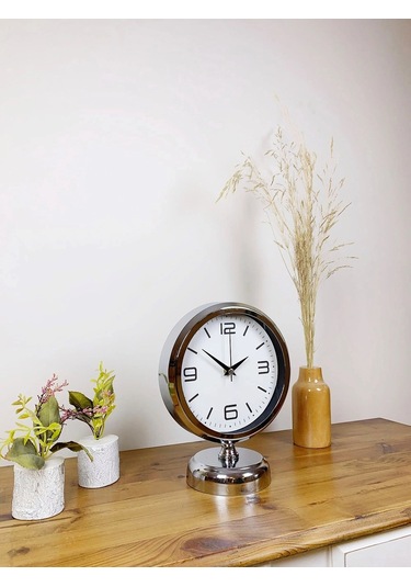Krom Metal Modern Masa Saati 25 20 Cm Çok Renkli