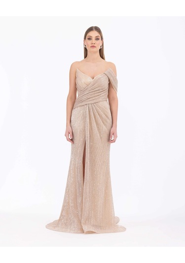 Büzgülü Kırlangıç Yakalı Pul Detaylı Abiye-gold Gold