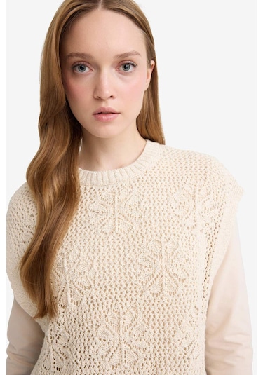 Defacto Bisiklet Yaka Nakışlı Triko Süveter F3296ax25aubg168 Bej