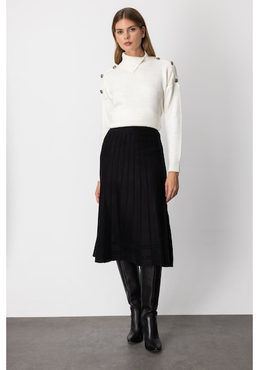 On Kadın Pileli Midi Boy Triko Etek 60201 Siyah Siyah