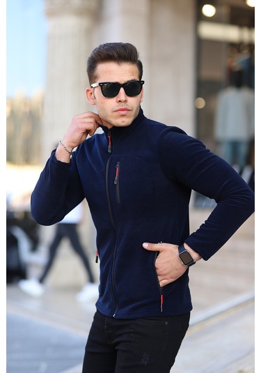 Kozik Lacivert Standart Kalıp Tam Fermuarlı 3 Çepli Erkek Polar Lacivert