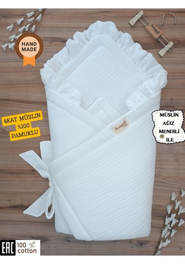 Ekru 4 Kat Müslin Bebek Battaniyesi %100 Pamuklu Doğal Organik Uyku Kundağı Hastane Çıkışı Yenidoğan Beyaz