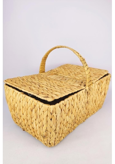 Digithome Hasır Bambu Kapaklı Piknik Sepeti Dikdörtgen Piknik Çantası Kahverengi - Cl-5004