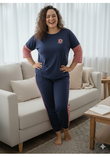 Kadın Lacivert Büyük Beden Pijama Takımı Pembe