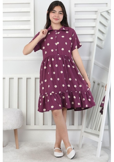 Papatya Desenli Kız Çocuk Elbise Mor