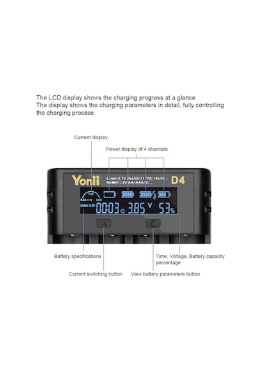 Samdoo Yonıı D4 4-lü Li-ion/ni-mh Şarj Cihazı, 18650 Pil Desteği, Lcd Ekran Ve Çoklu Güvenlik Koruması
