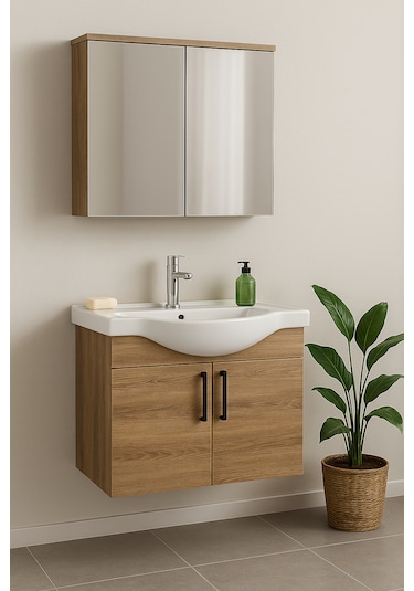 Nova 80 Cm Mdf Ahşapi, Oval Seramik Lavabo, Banyo Dolabı Takımı Ahşap