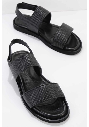 Siyah Baskılı Hakiki Deri Erkek Sandalet E05801041703 Siyah