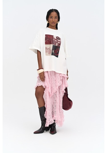 Mireya Asimetrik Pembe Dantel Etek Pembe