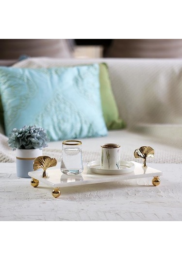 Akayev Mermer Beyaz 30X15 CM Altın Ayak Ginkgo Sunum Tabağı