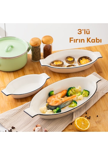 Porsima 085 Oval 3'lü Porselen Fırın Kabı Servis Tabağı Beyaz