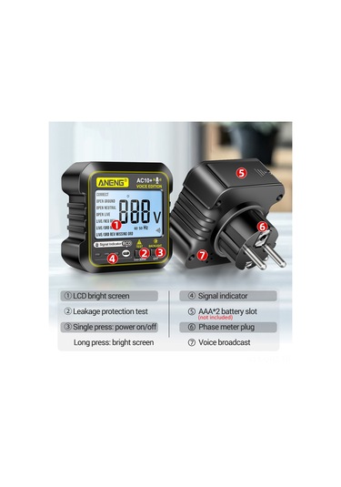 Aubyhe Aneng Sesli Priz Test Cihazı - Kaçak Akım Koruma, Faz Kontrolü, Ev Ve Profesyonel Kullanım İçin Ac10+ Model