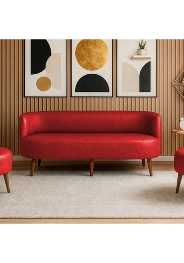 Sydney Üçlü Koltuk Kanepe Deri Kumaş - Ahşap Ayak Ev & Ofis Kullanımı - Kırmızı Kırmızı