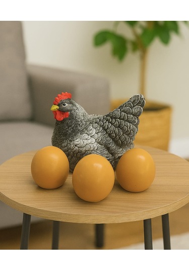 Dekoratif Tavuk Ve Yumurtalar Biblo Seti - Bereket Ve Bolluk Temalı Gri Tavuk Figürü 01