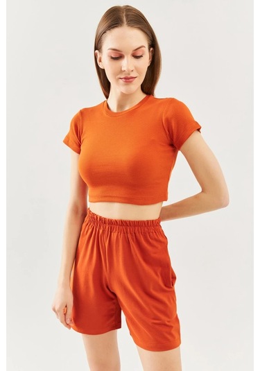 Kadın Kısa Kol Bisiklet Yaka Vücuda Oturan %100 Pamuklu Kaşkorse Esnek Crop Bluz Kiremit