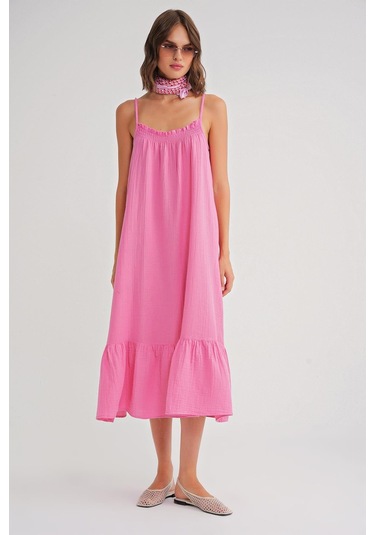 4740 Kadın Askılı Müslin Midi Elbise Pembe Pembe