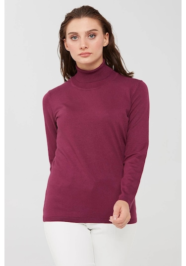 Desen Triko Kadın Likralı Uzun Kollu Basic Tam Balıkçı Bluz 20017 Mürdüm Mürdüm