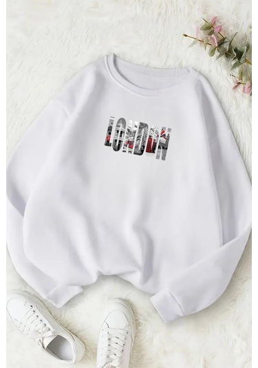Unisex Beyaz London Baskılı Bisiklet Yaka Sweatshirt- Kışlık Şardonlu Kumaş Beyaz