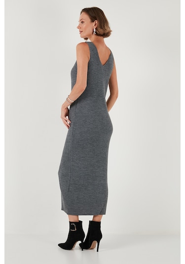 Lela V Yaka Fitilli Uzun Triko Bayan Elbise 4616169 Koyu Gri